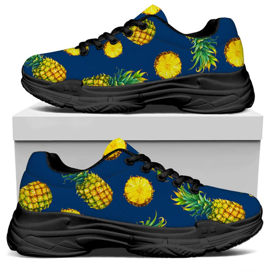 Blue Pineapple Pattern Print Black Chunky Shoes