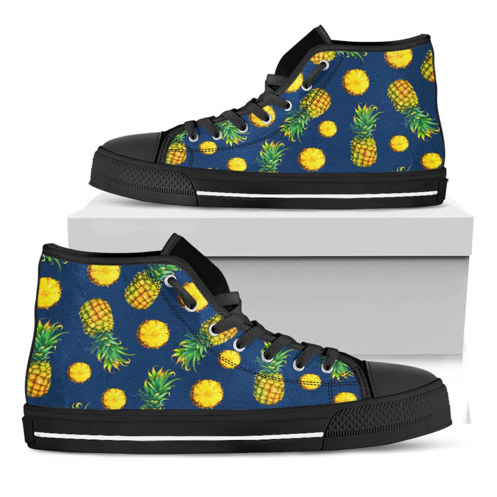 Blue Pineapple Pattern Print Black High Top Sneakers