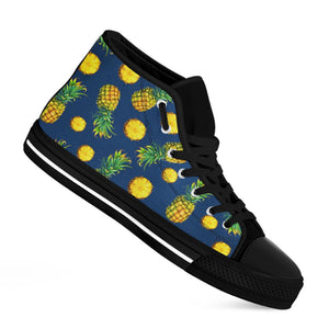 Blue Pineapple Pattern Print Black High Top Sneakers
