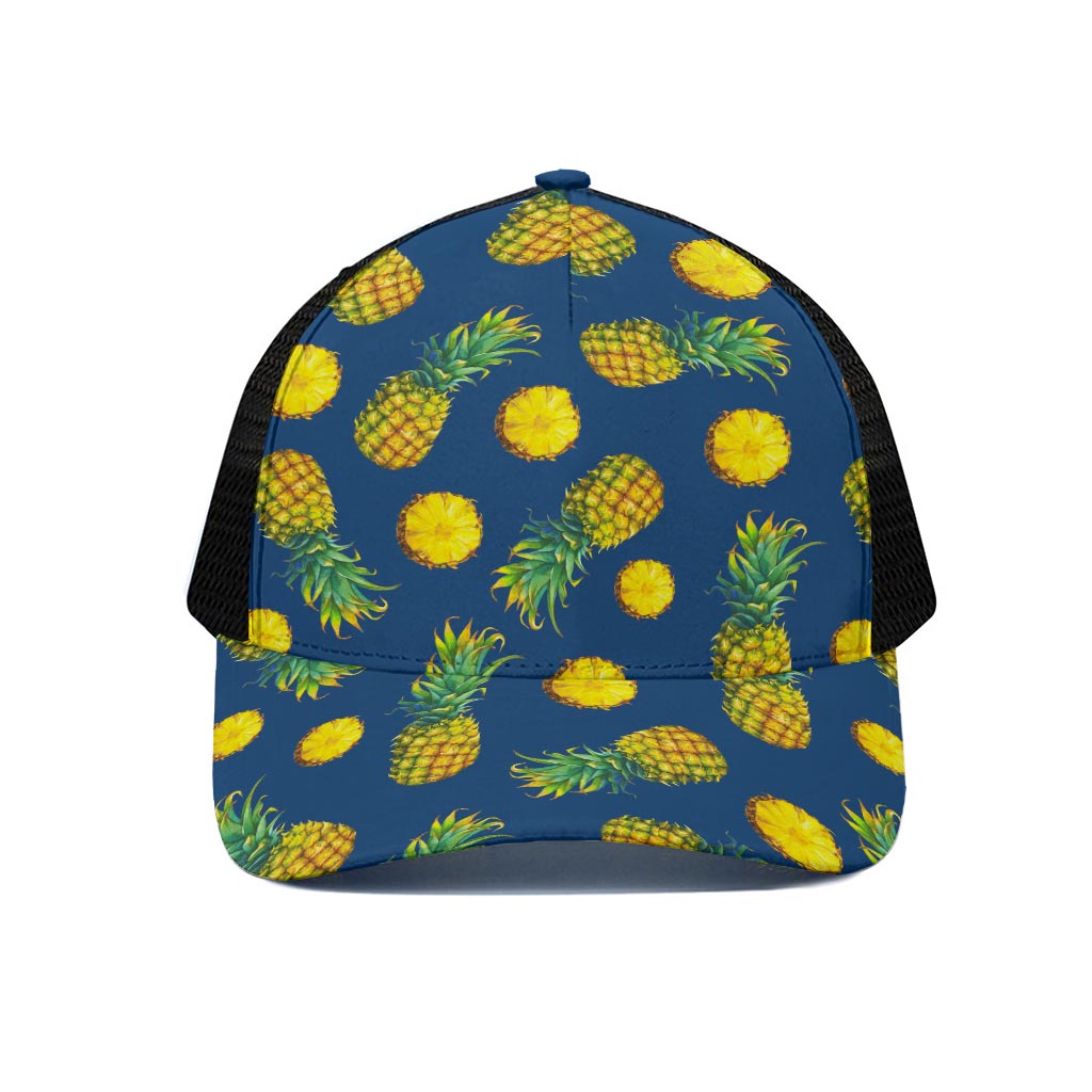 Blue Pineapple Pattern Print Black Mesh Trucker Cap