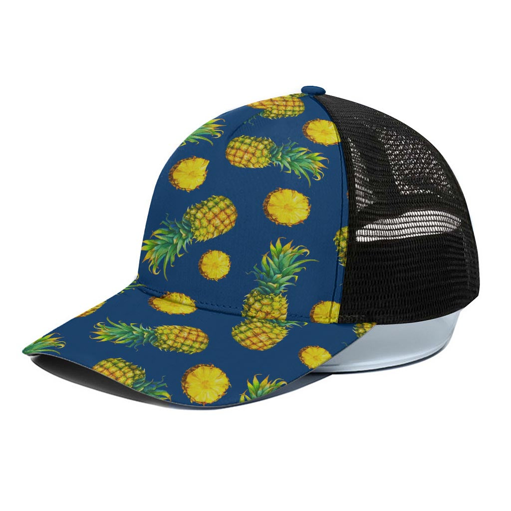 Blue Pineapple Pattern Print Black Mesh Trucker Cap