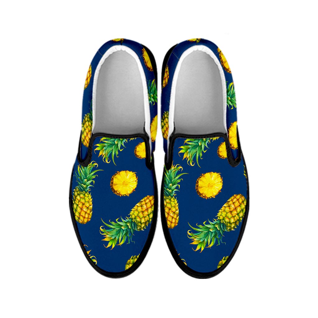 Blue Pineapple Pattern Print Black Slip On Sneakers