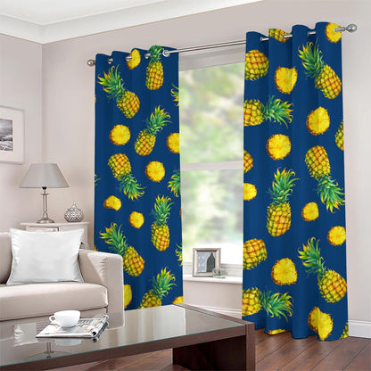 Blue Pineapple Pattern Print Blackout Grommet Curtains