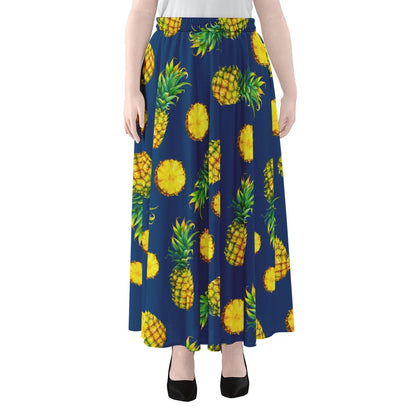 Blue Pineapple Pattern Print Chiffon Maxi Skirt