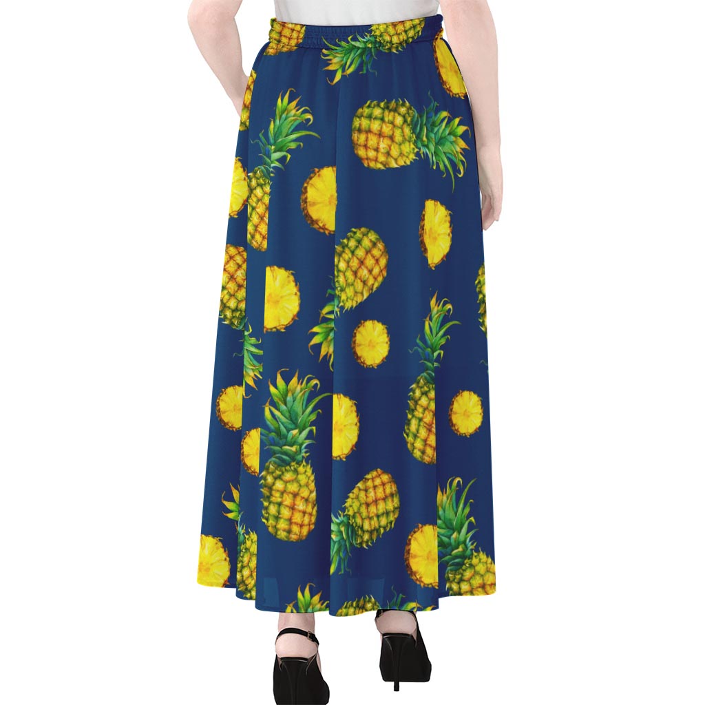 Blue Pineapple Pattern Print Chiffon Maxi Skirt