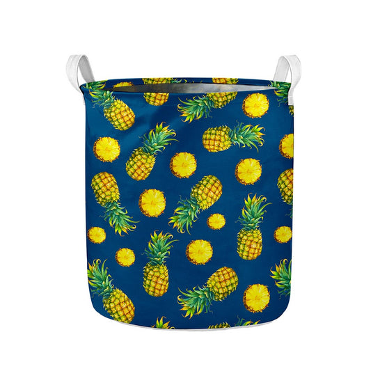 Blue Pineapple Pattern Print Collapsible Laundry Basket