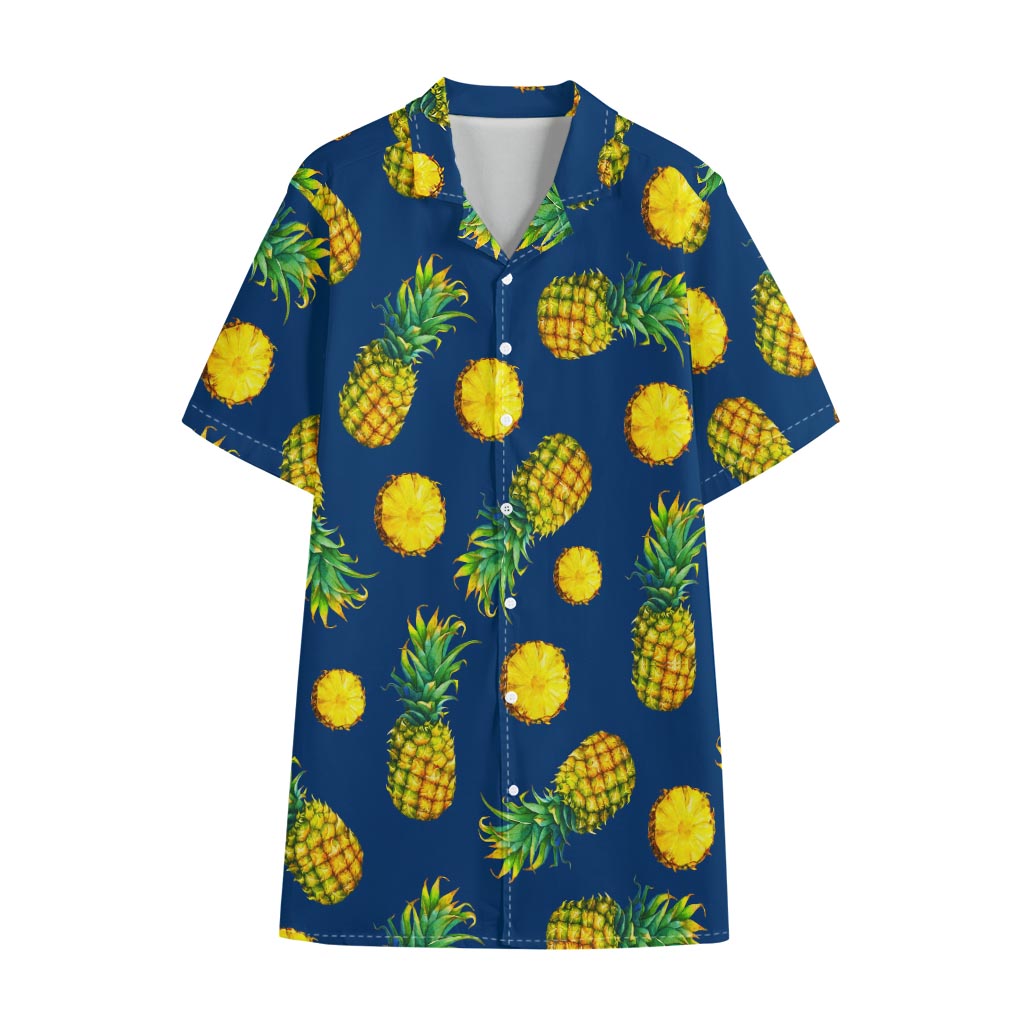Blue Pineapple Pattern Print Cotton Hawaiian Shirt