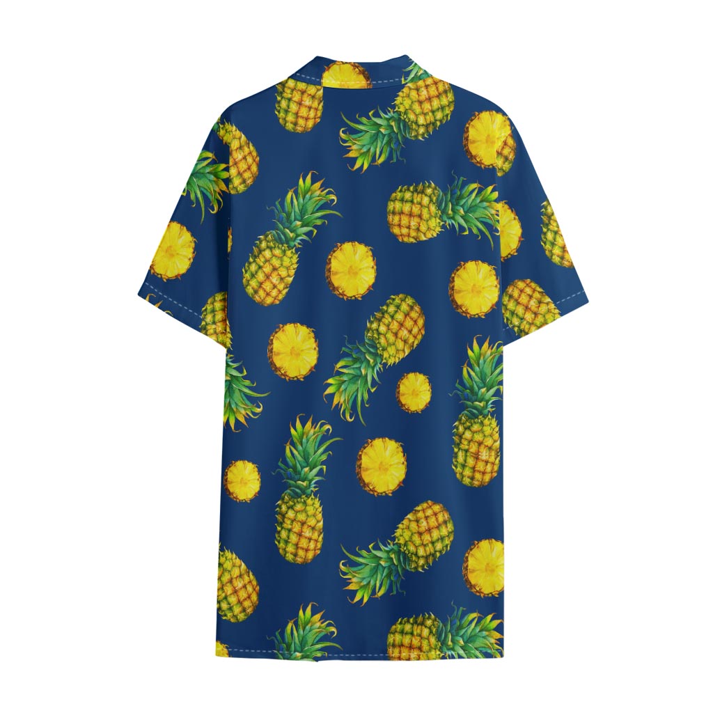Blue Pineapple Pattern Print Cotton Hawaiian Shirt