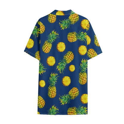 Blue Pineapple Pattern Print Cotton Hawaiian Shirt