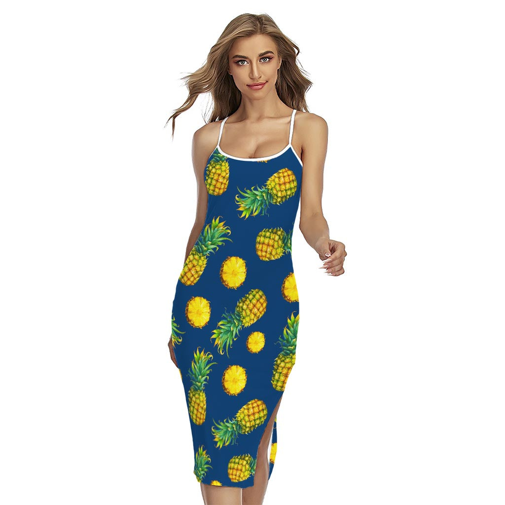 Blue Pineapple Pattern Print Cross Back Cami Dress