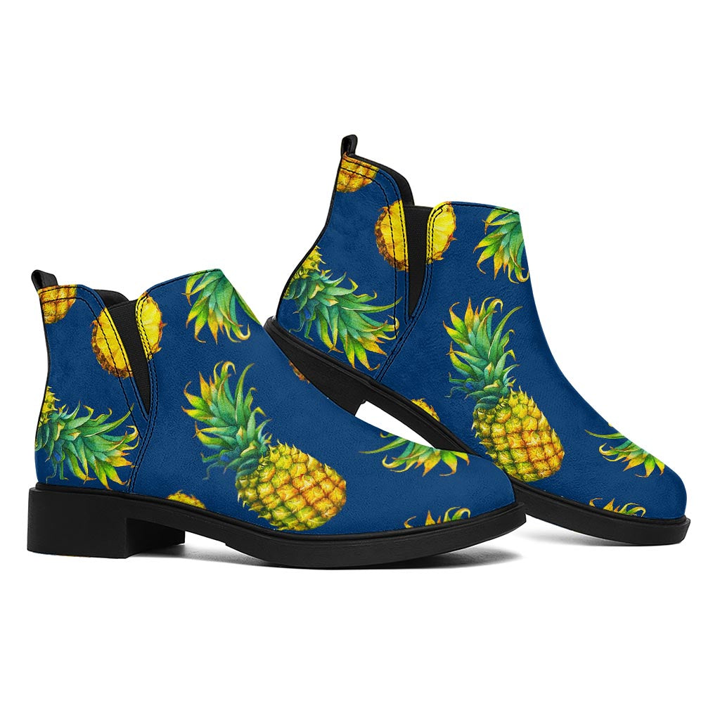 Blue Pineapple Pattern Print Flat Ankle Boots
