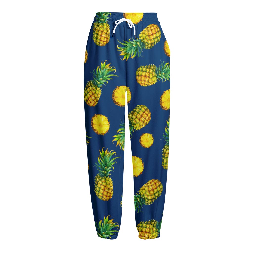Blue Pineapple Pattern Print Fleece Lined Knit Pants