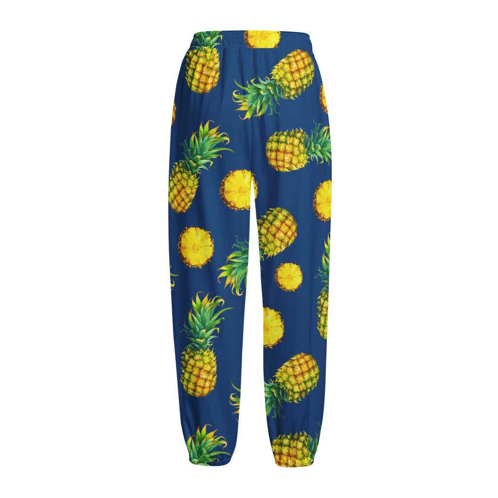 Blue Pineapple Pattern Print Fleece Lined Knit Pants