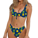 Blue Pineapple Pattern Print Front Bow Tie Bikini