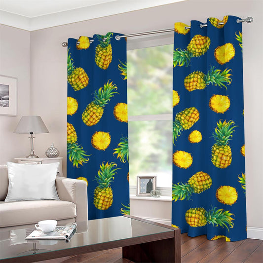 Blue Pineapple Pattern Print Grommet Curtains