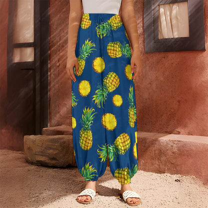 Blue Pineapple Pattern Print Harem Pants