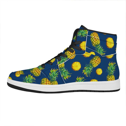 Blue Pineapple Pattern Print High Top Leather Sneakers