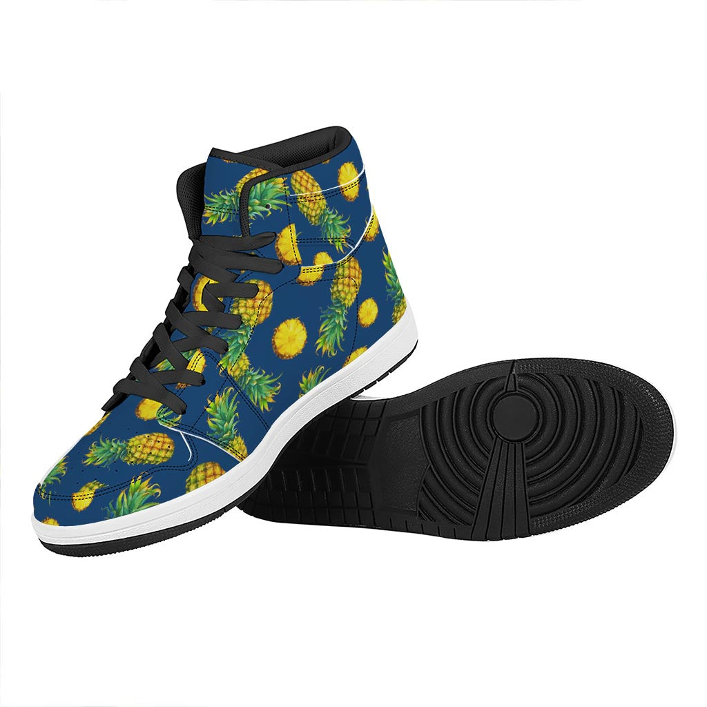 Blue Pineapple Pattern Print High Top Leather Sneakers