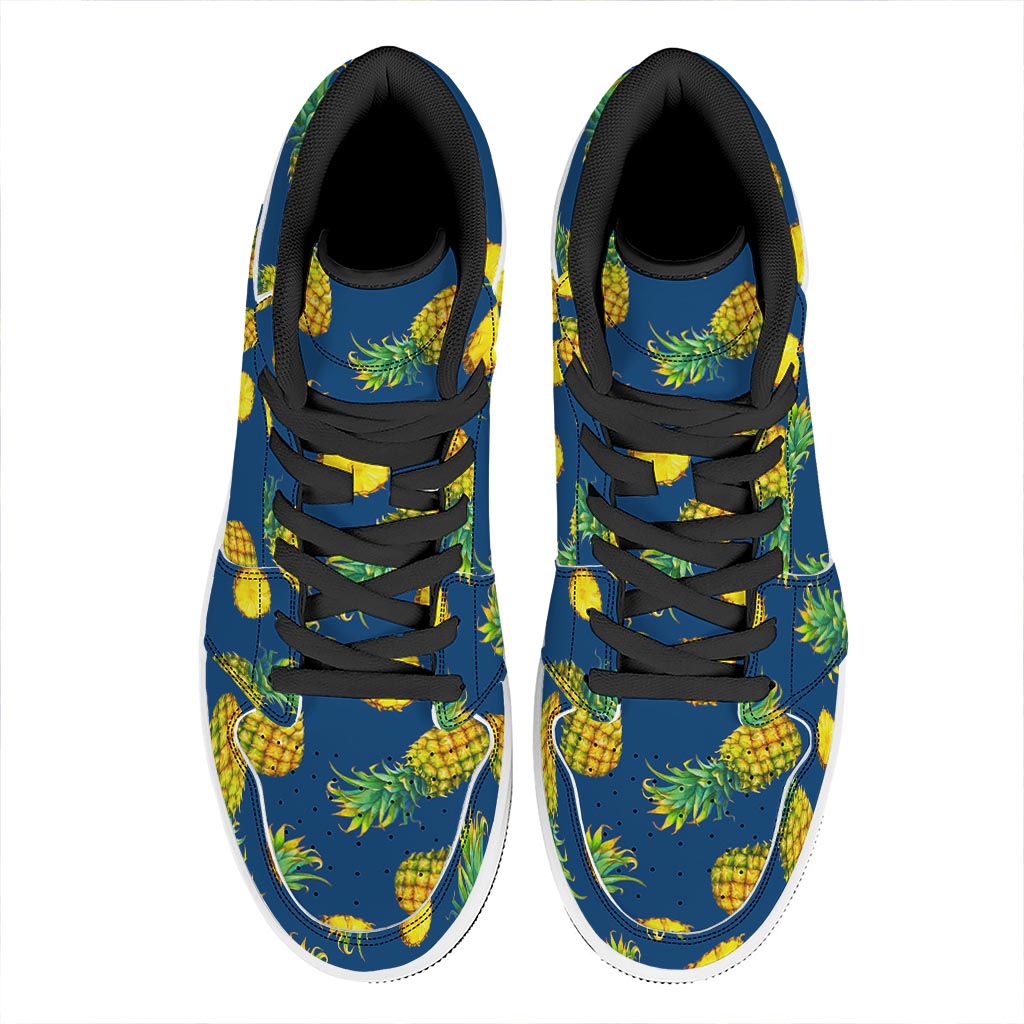Blue Pineapple Pattern Print High Top Leather Sneakers