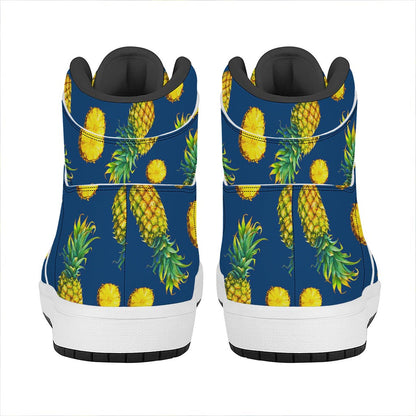 Blue Pineapple Pattern Print High Top Leather Sneakers