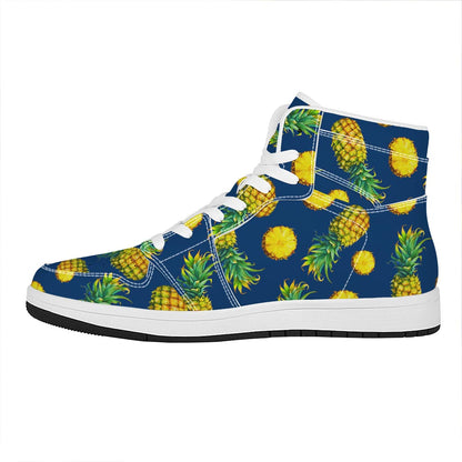 Blue Pineapple Pattern Print High Top Leather Sneakers