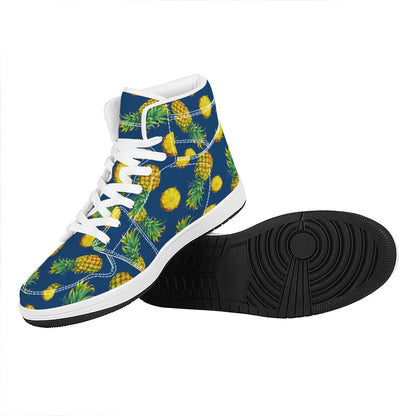 Blue Pineapple Pattern Print High Top Leather Sneakers
