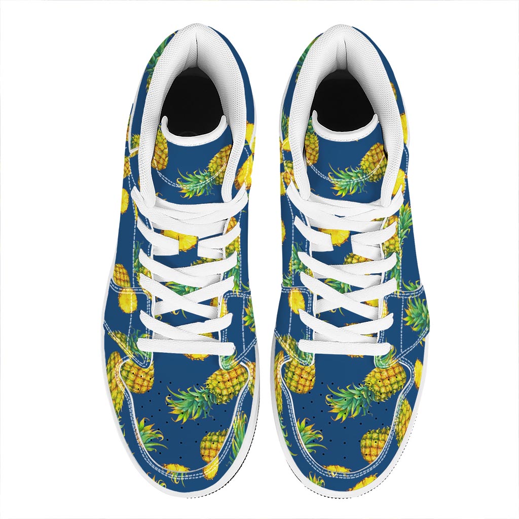 Blue Pineapple Pattern Print High Top Leather Sneakers