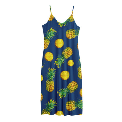 Blue Pineapple Pattern Print Jersey Midi Cami Dress