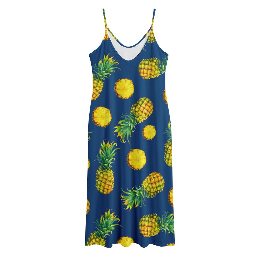 Blue Pineapple Pattern Print Jersey Midi Cami Dress