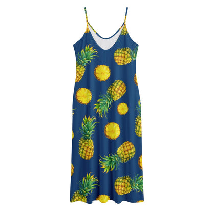 Blue Pineapple Pattern Print Jersey Midi Cami Dress