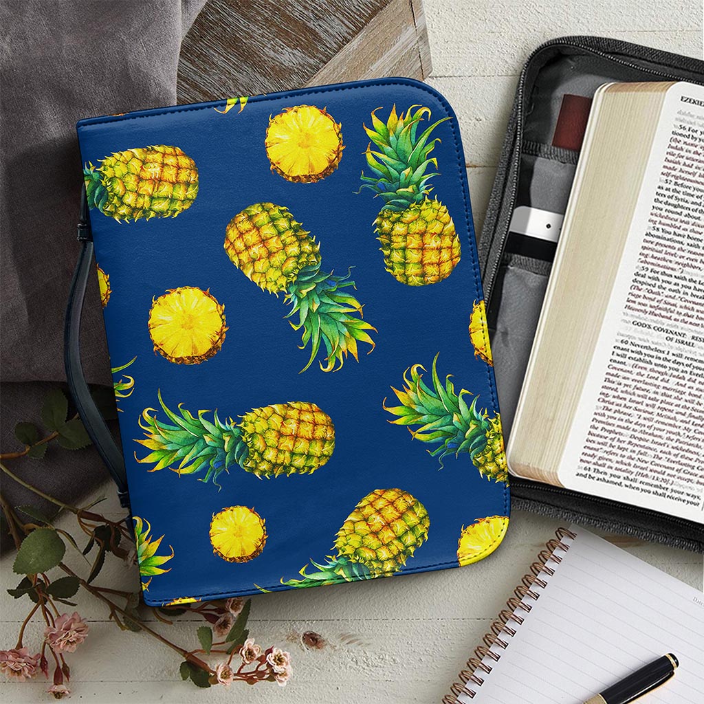 Blue Pineapple Pattern Print Leather Bible Cover