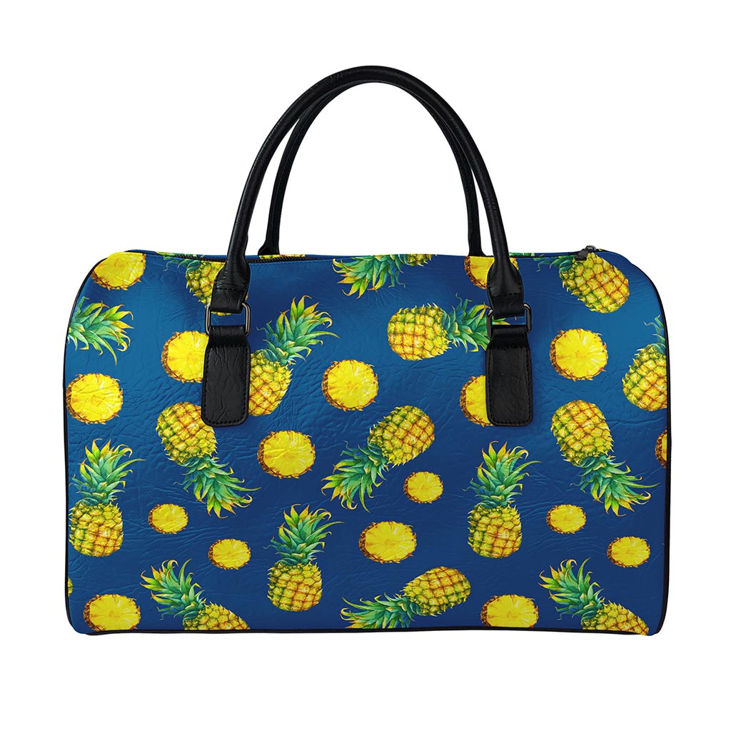 Blue Pineapple Pattern Print Leather Duffle Bag