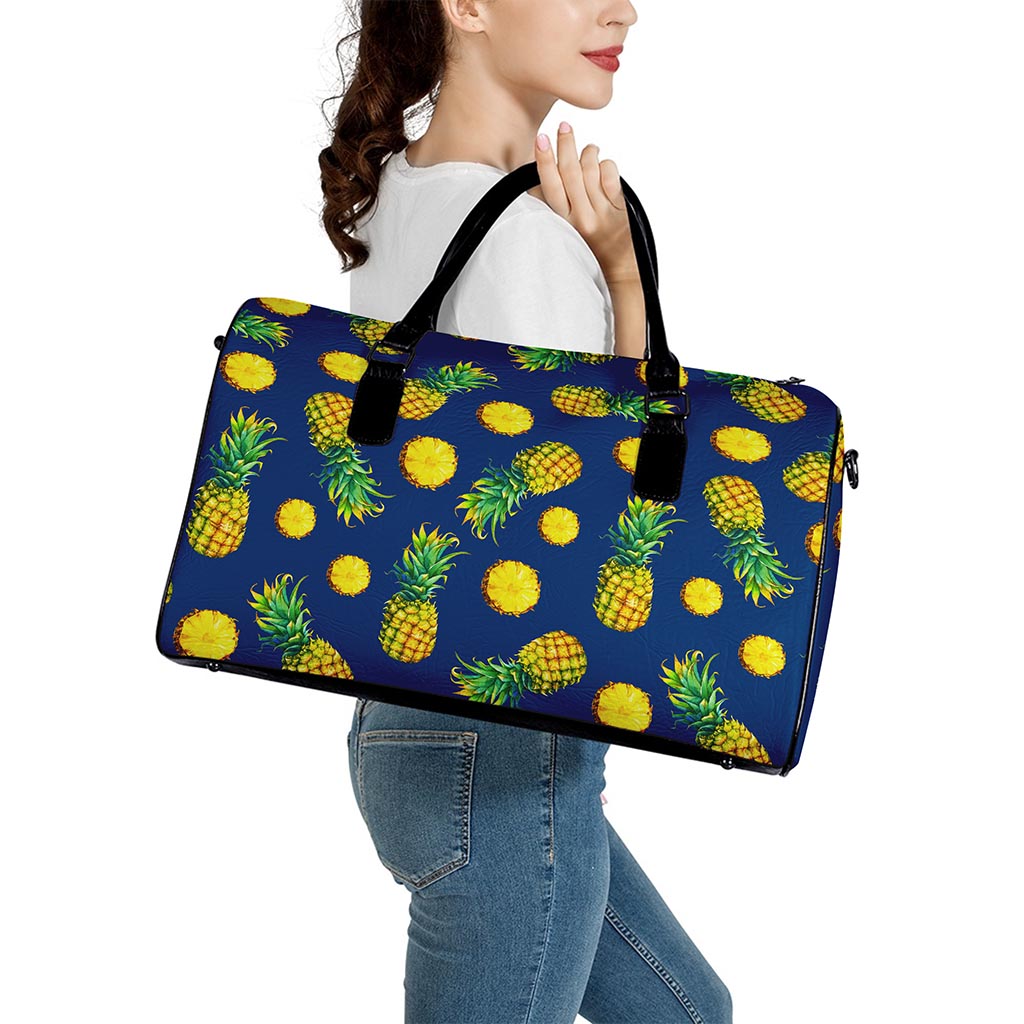 Blue Pineapple Pattern Print Leather Duffle Bag