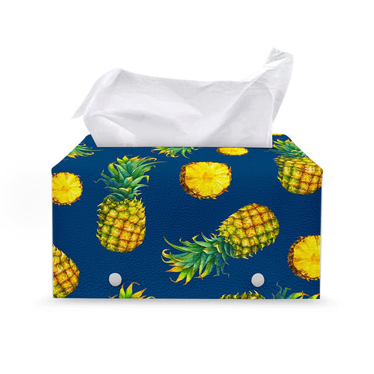 Blue Pineapple Pattern Print Leather Tissue Box Cover