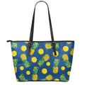 Blue Pineapple Pattern Print Leather Tote Bag With Zipper