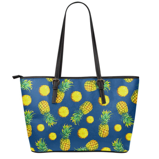 Blue Pineapple Pattern Print Leather Tote Bag