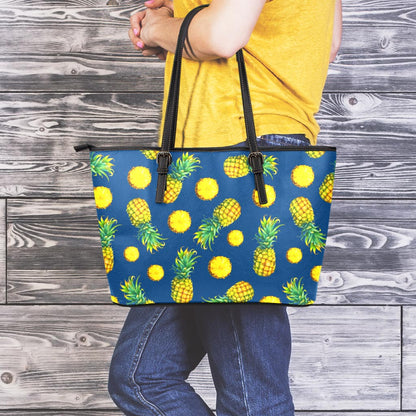 Blue Pineapple Pattern Print Leather Tote Bag