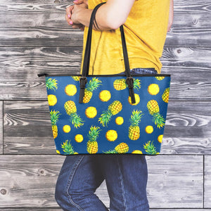 Blue Pineapple Pattern Print Leather Tote Bag