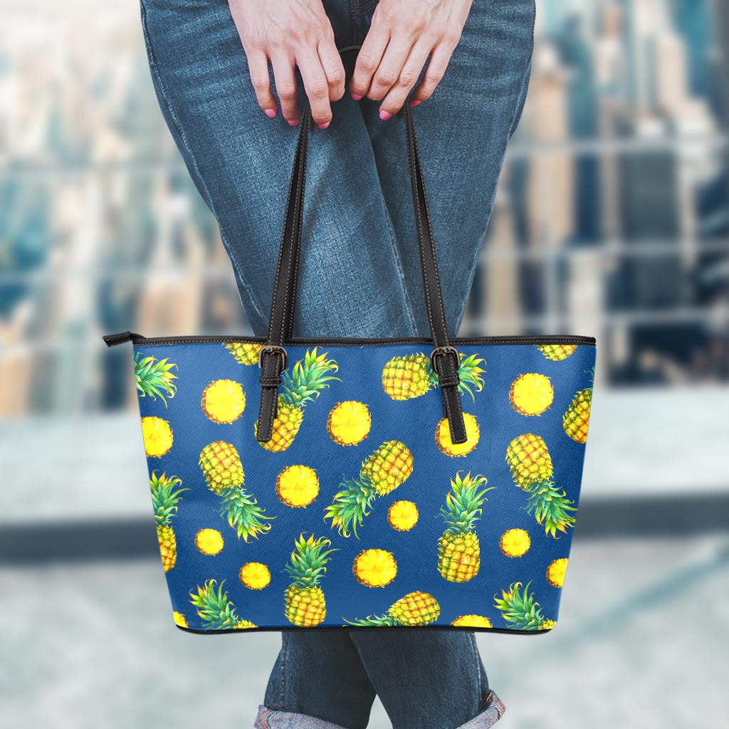 Blue Pineapple Pattern Print Leather Tote Bag