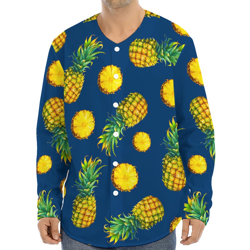 Blue Pineapple Pattern Print Long Sleeve Baseball Jersey