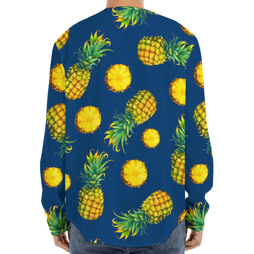 Blue Pineapple Pattern Print Long Sleeve Baseball Jersey