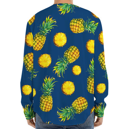 Blue Pineapple Pattern Print Long Sleeve Baseball Jersey