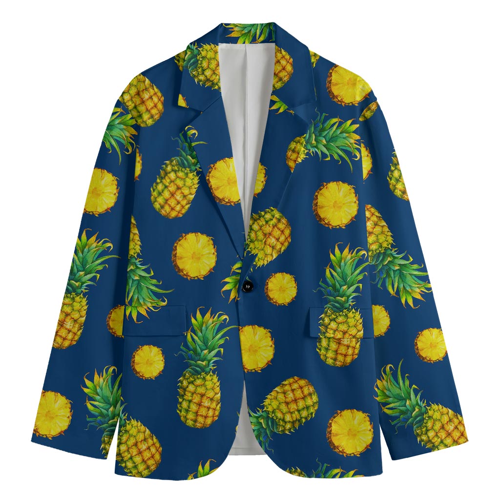 Blue Pineapple Pattern Print Men's Cotton Blazer