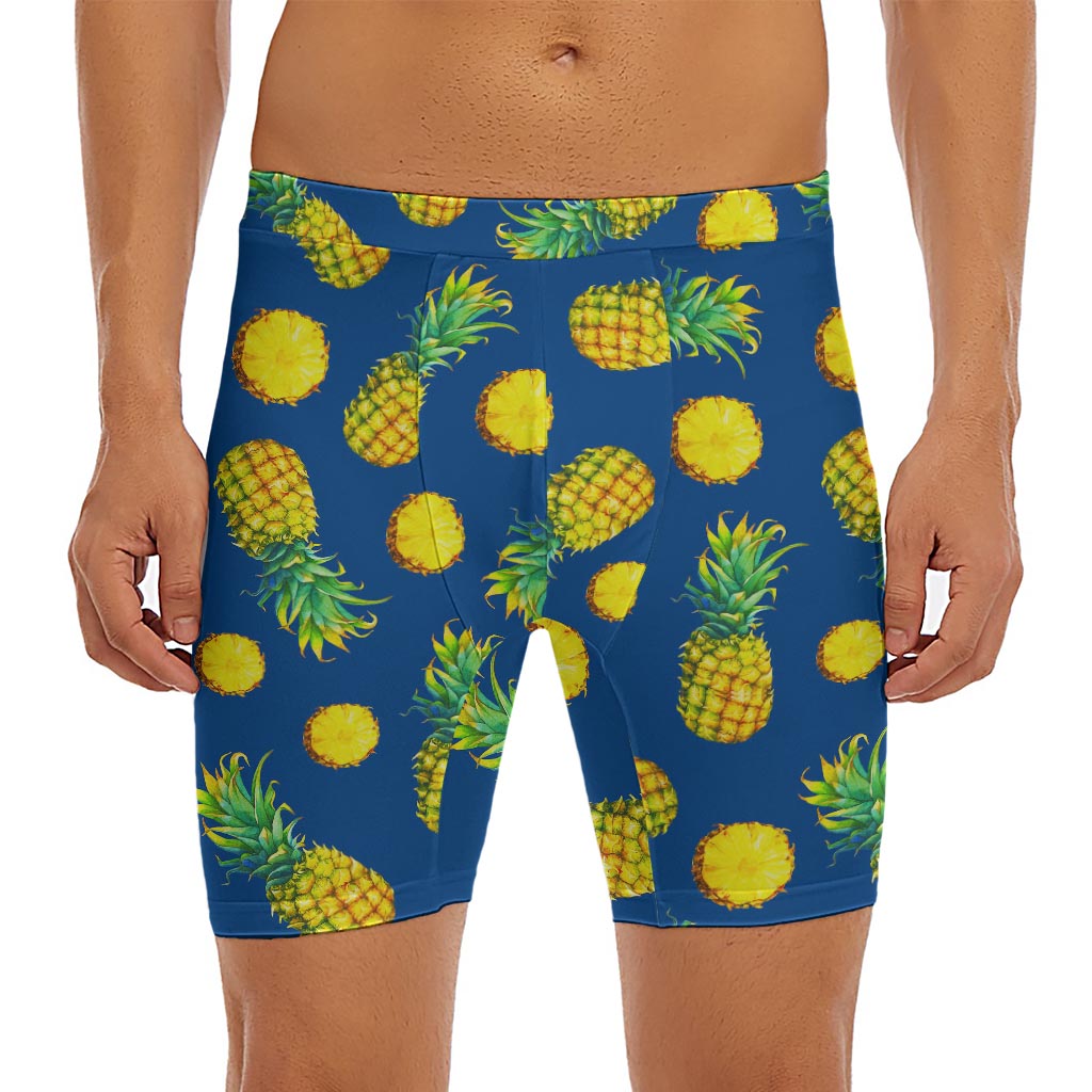 Blue Pineapple Pattern Print Men's Long Boxer Briefs