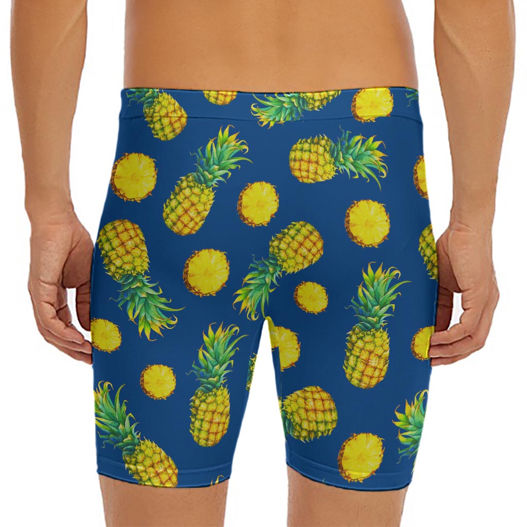 Blue Pineapple Pattern Print Men's Long Boxer Briefs