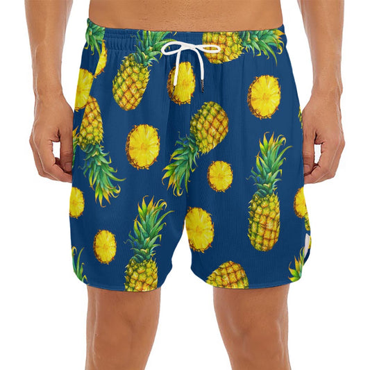 Blue Pineapple Pattern Print Men's Split Running Shorts