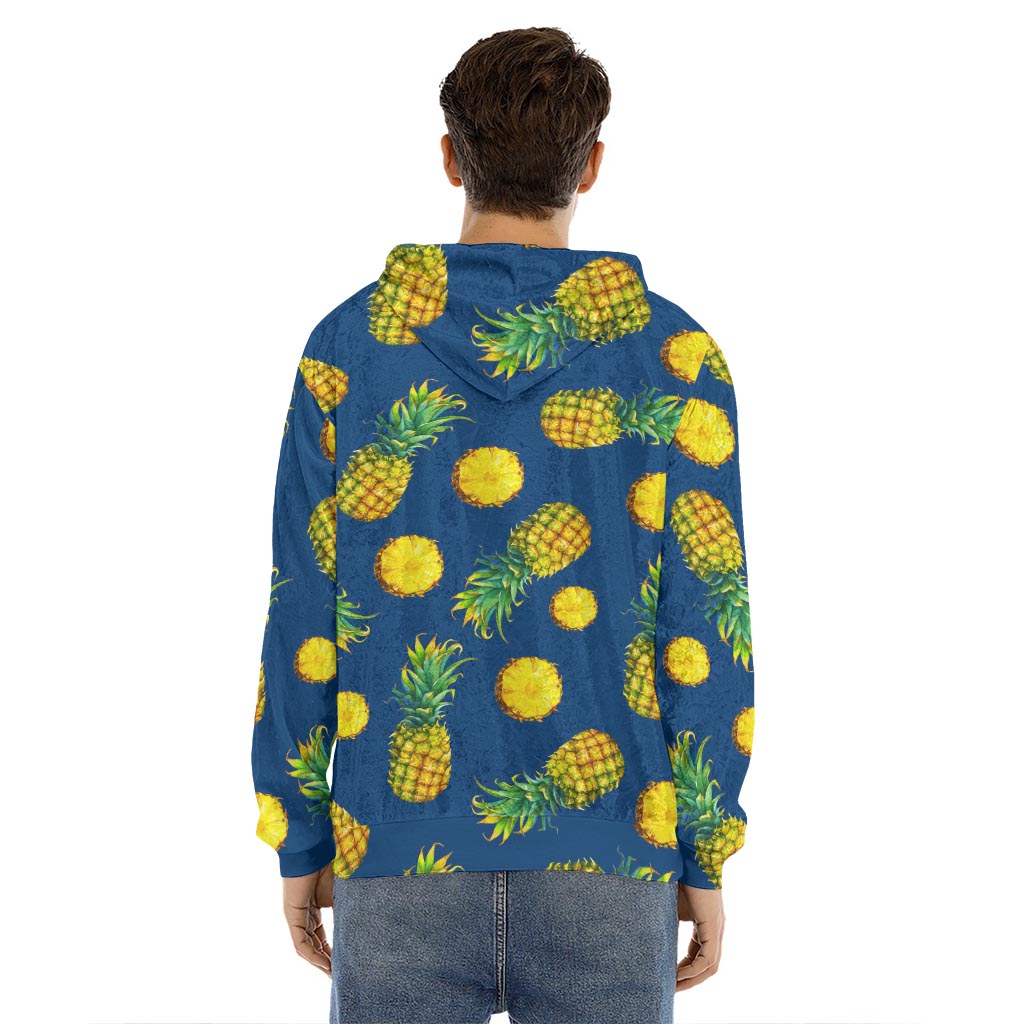 Blue Pineapple Pattern Print Men's Velvet Pullover Hoodie