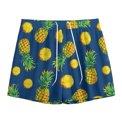 Blue Pineapple Pattern Print Mesh Shorts