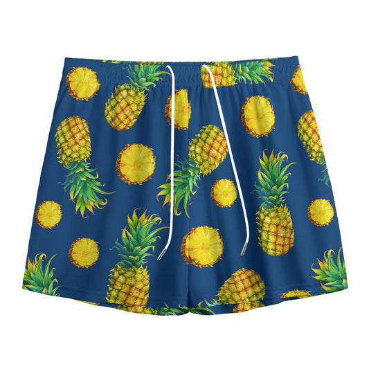 Blue Pineapple Pattern Print Mesh Shorts
