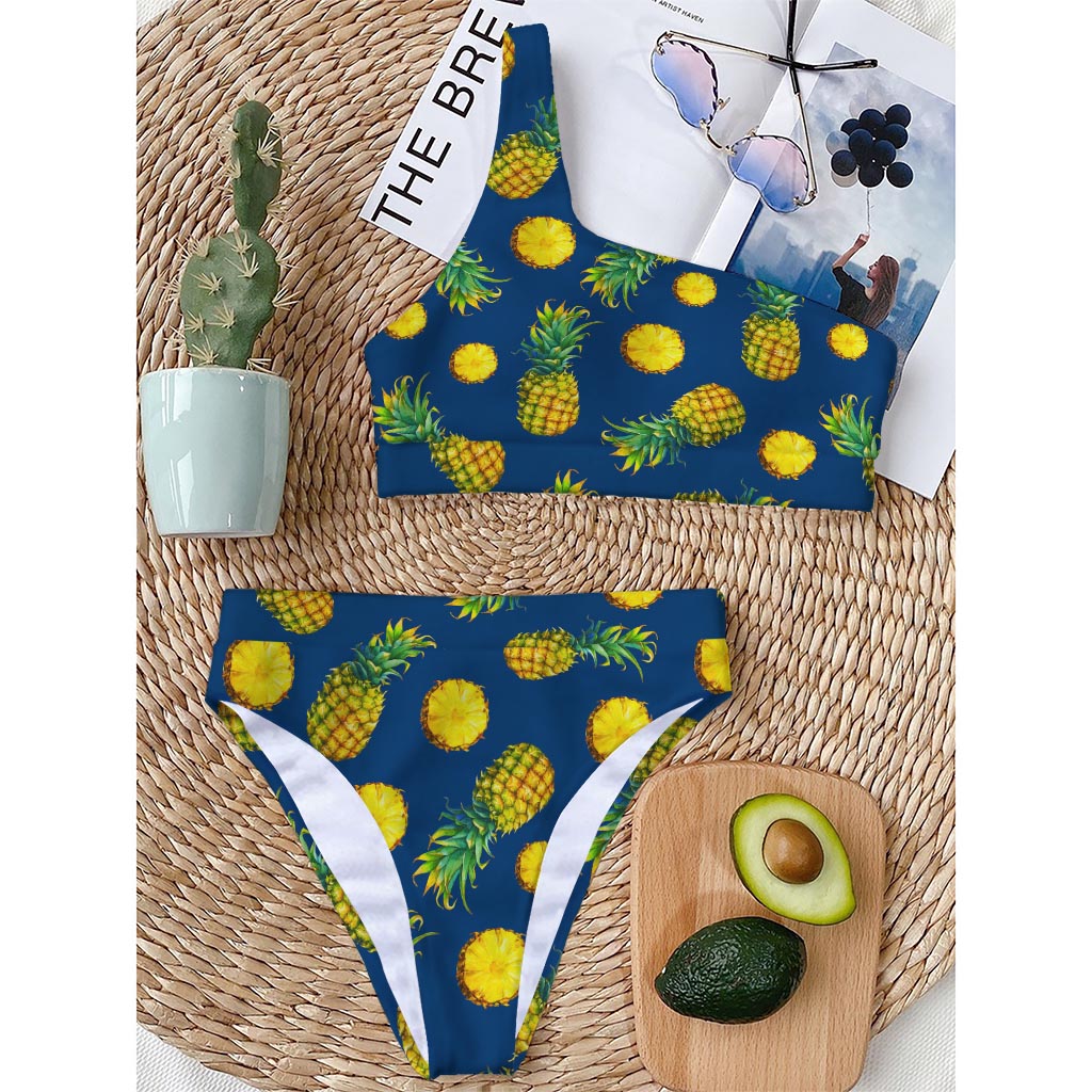 Blue Pineapple Pattern Print One Shoulder Bikini Top